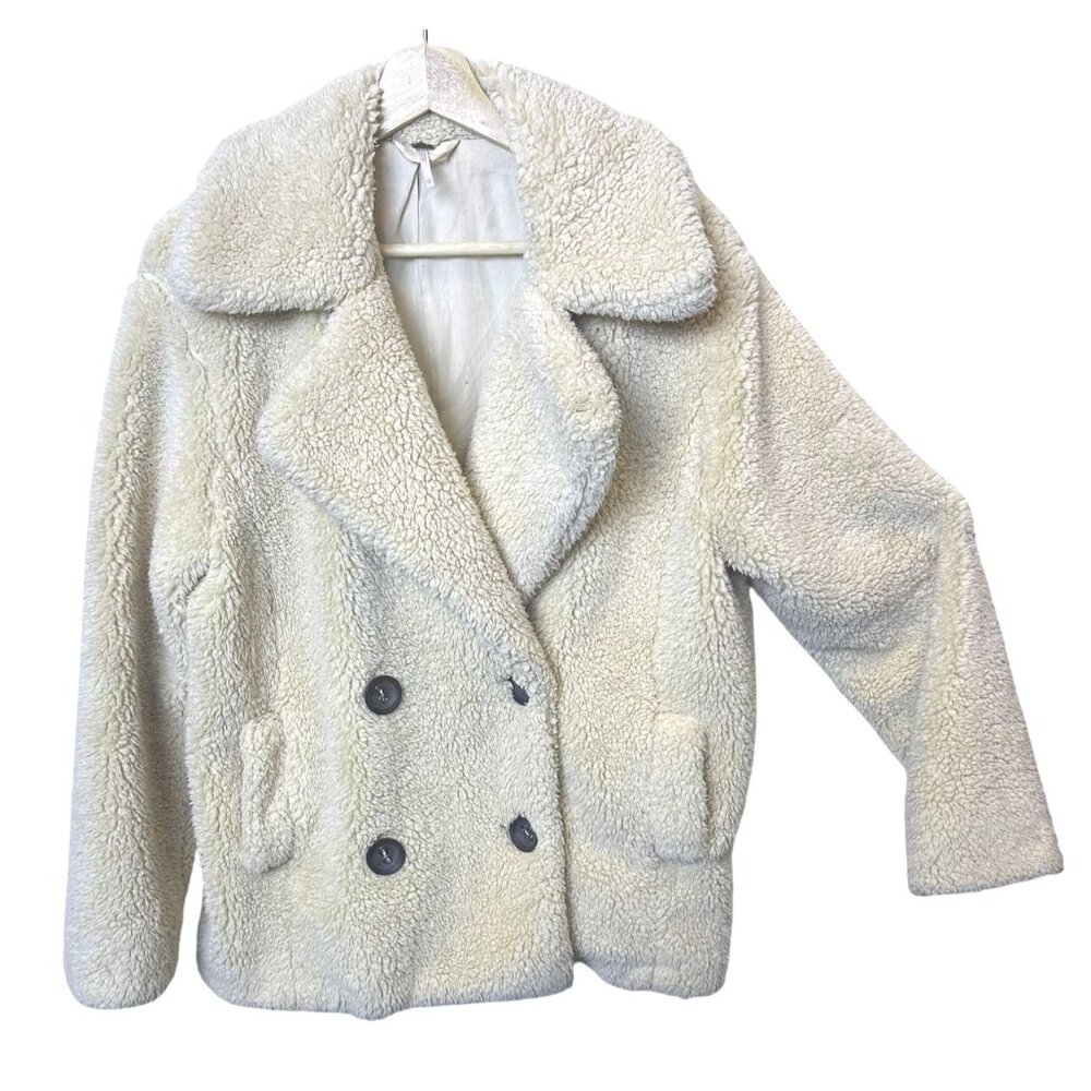 Free People Teddy Sherpa Pea Coat Oatmeal XS Cozy & Soft Double Breasted Jacket - Picture 3 of 11